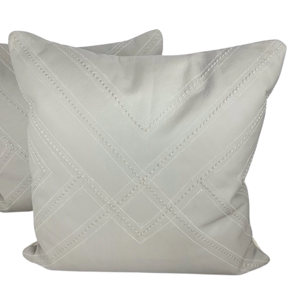 VILLA Leather Accent Pillows x2 Stitched Feather Down Rustic Boho Taupe Gray
